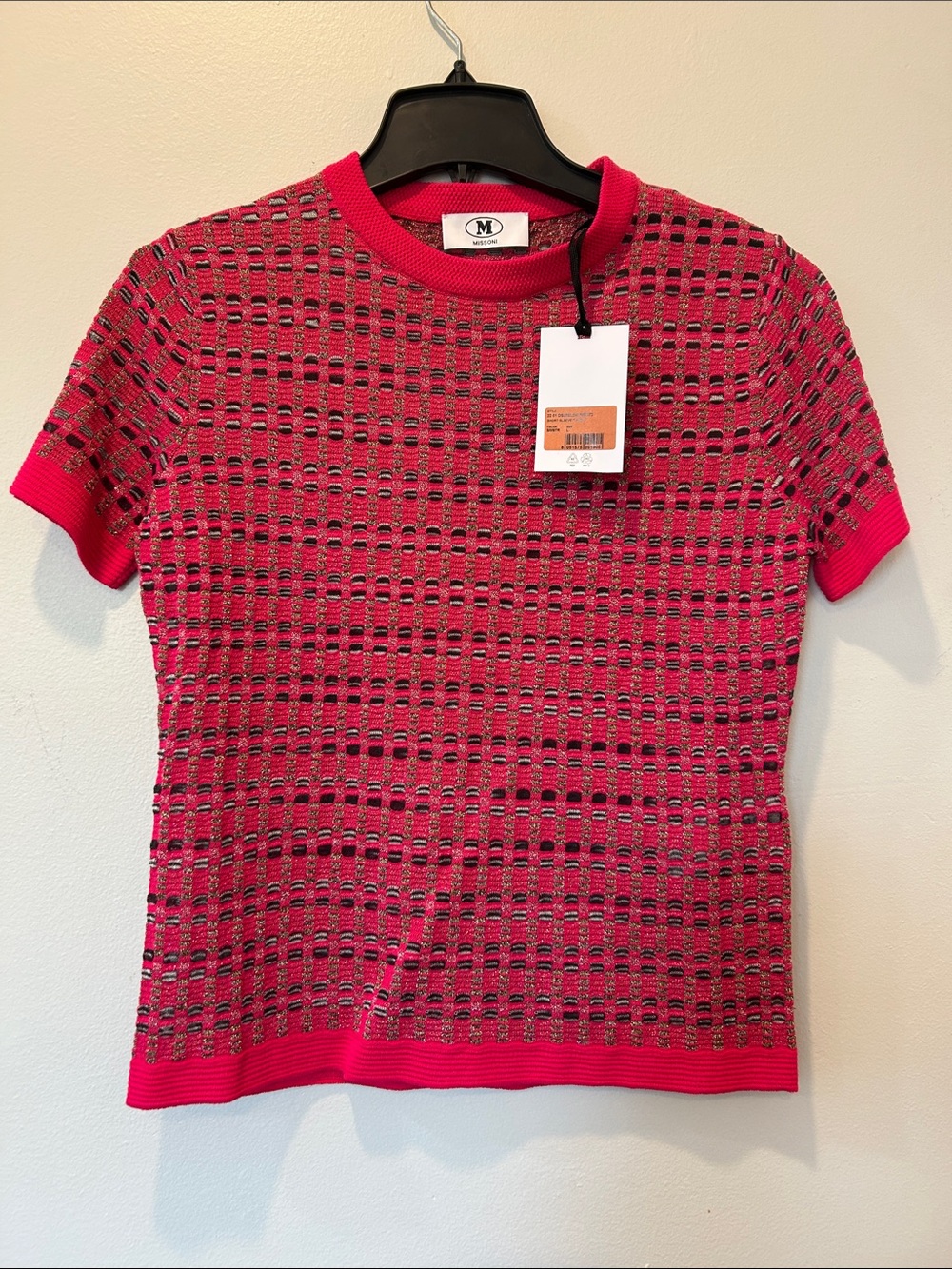 M by Missoni Hot Pink Short-Sleeve Openwork Knit Top